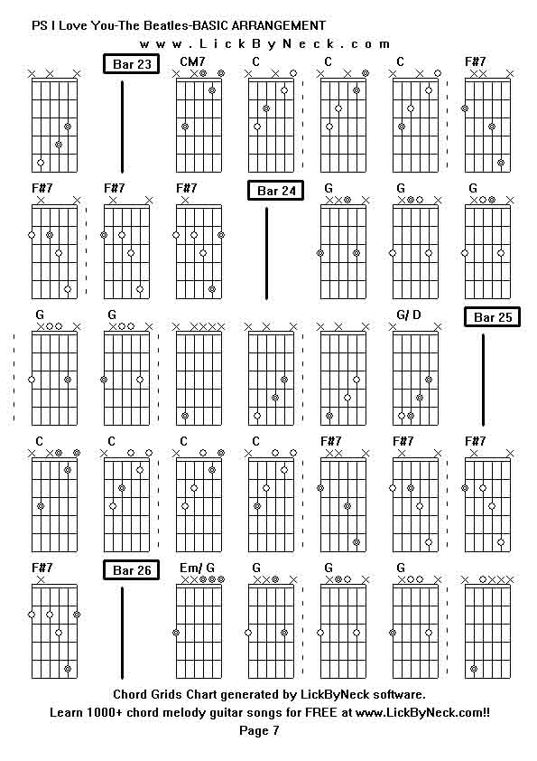 Chord Grids Chart of chord melody fingerstyle guitar song-PS I Love You-The Beatles-BASIC ARRANGEMENT,generated by LickByNeck software.